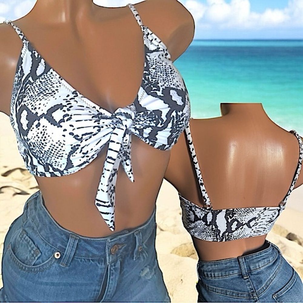 White w/ Black Print Bikini, Bathing Suit Top l L l EUC